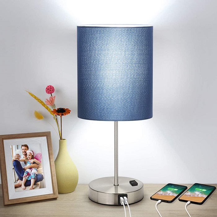 Touch Control Table Lamp Blue Shade, 3 Way Dimmable Bedside Desk Lamp with 2 Fast USB Ports and AC Outlet, Dual 5000K LED Bulb, Nightstand Lamp for Bedroom Living Room, Modern Office Lamp, Silver Base