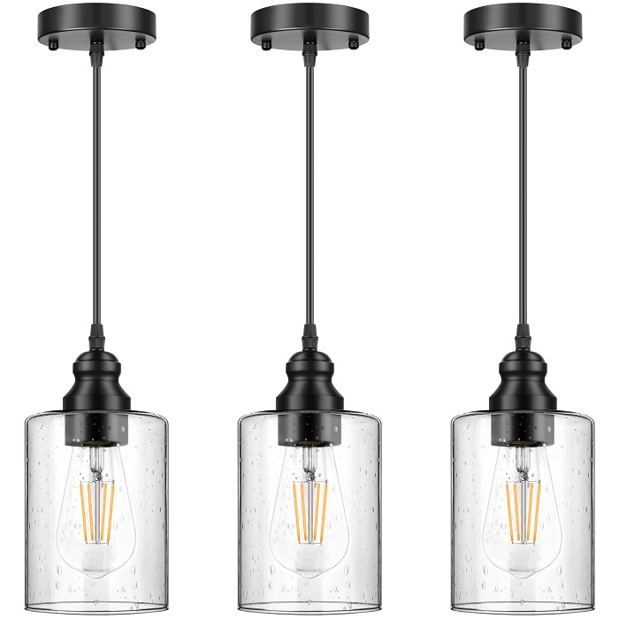 Industrial Pendant Lighting, Adjustable Hanging Light Fixtures, Seeded Glass Shade Pendant Light, Vintage Farmhouse Mini Hanging Ceiling Lamp for Kitchen Living Room Bedroom Hallway, E26 Base, 3-Pack