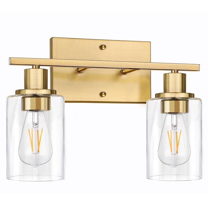 2-Light Gold Bathroom Vanity Light Fixtures, Modern Wall Lighting with Clear Glass Shade, Brushed Brass Wall Sconce Lighting, Porch Wall Lamp for Mirror, Living Room, Bedroom, Hallway