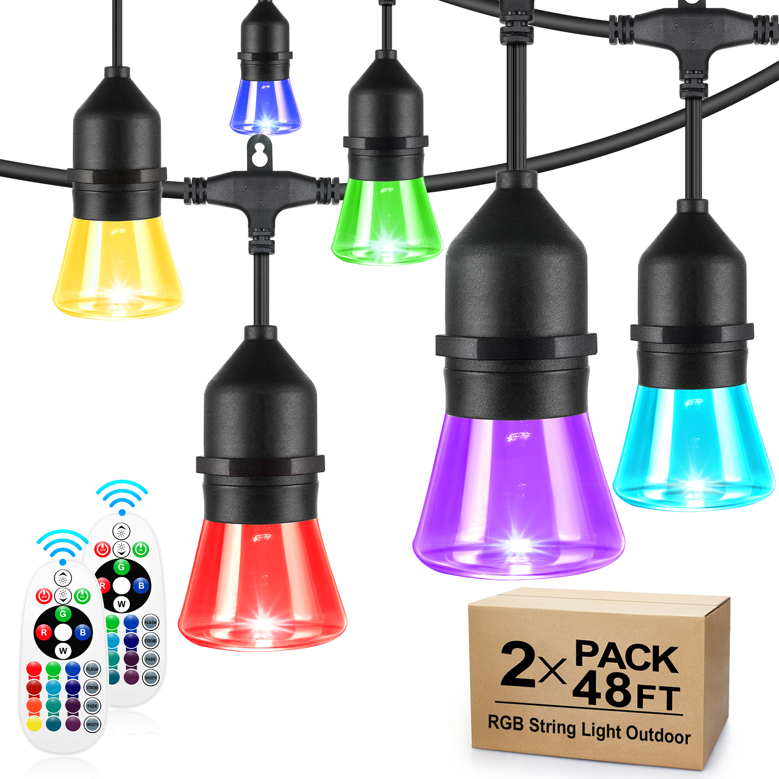 2-Pack 48FT Outdoor String Lights, RGB Cafe LED String Light for Patio, 30+5 E26 Shatterproof Waterproof Bulbs, Colorful Light String for Backyard Garden Caf Christmas Party, 3 Remotes, 96FT
