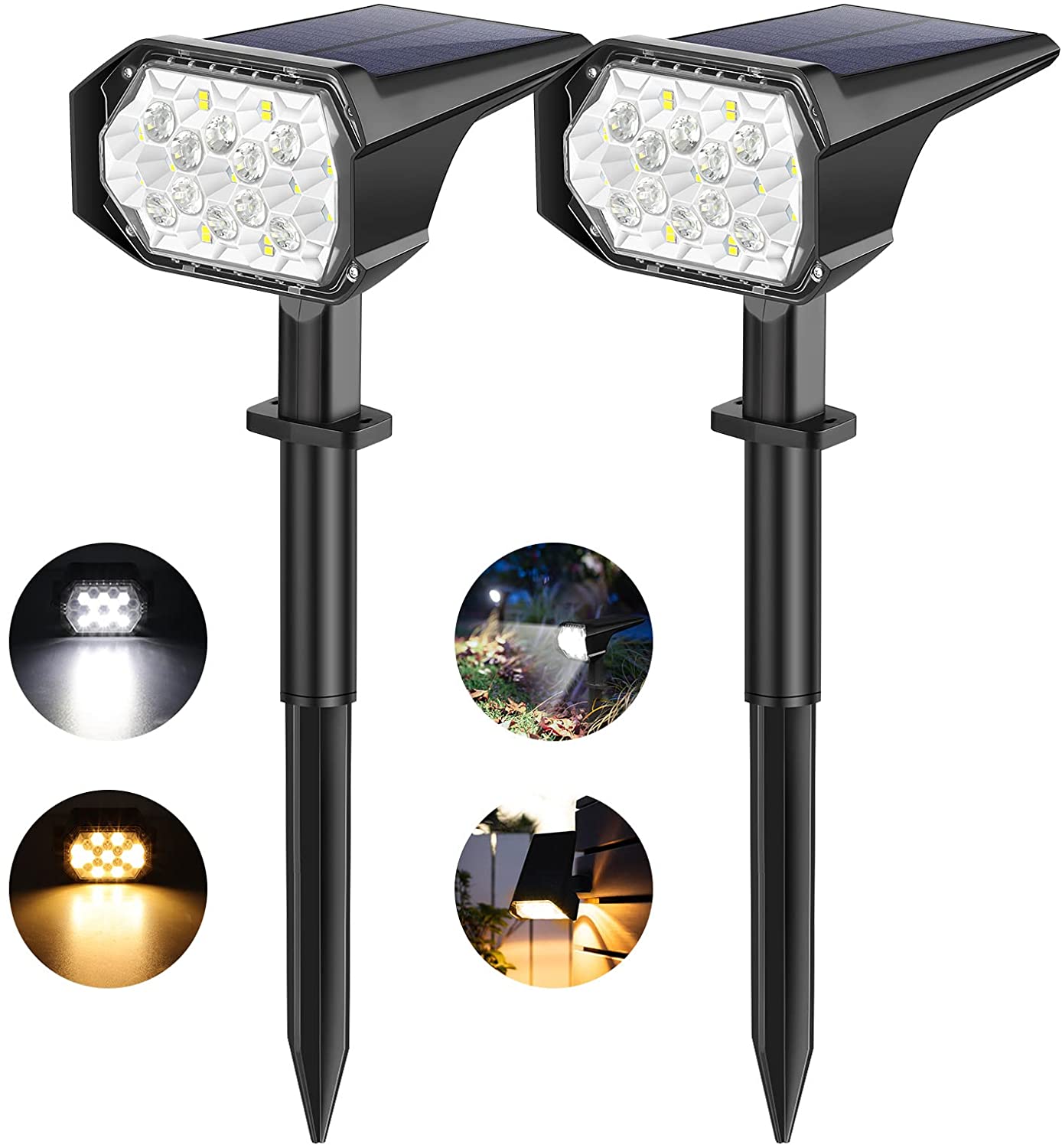 Solar Lights Outdoor, IP67 Waterproof Solar Landscape Spotlights, Garden Lights, 32 LEDs Solar Powered Wall Lights, 2 Colors & Fade Mode, Dusk-to-Dawn Outdoor Lights for Yard, Porch, Patio, 2 Pack